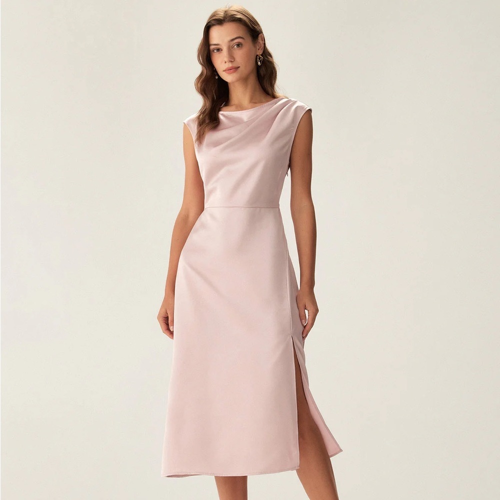 RIHOAS Pink Satin Boat Neck Slit Sleeveless Midi Dress XS